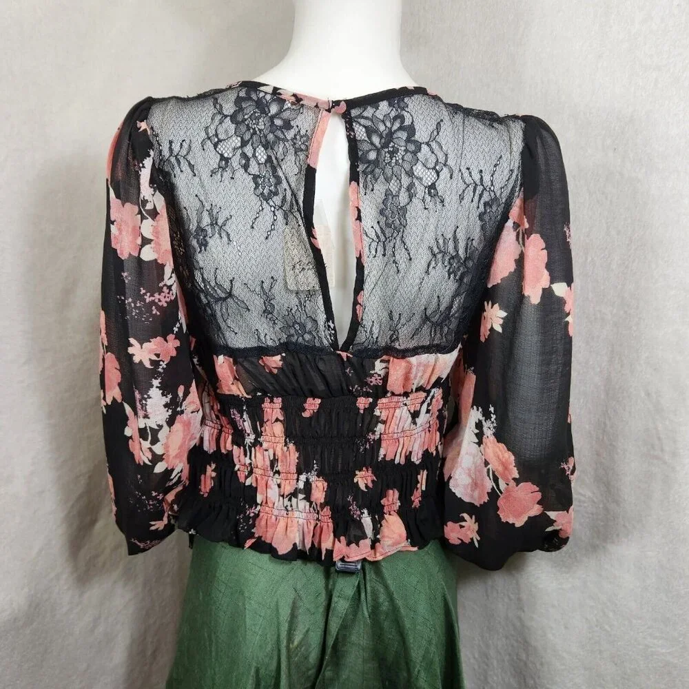 Free People Women's Size M Daphne Blouse Long Sleeve Lace Floral Black New 37